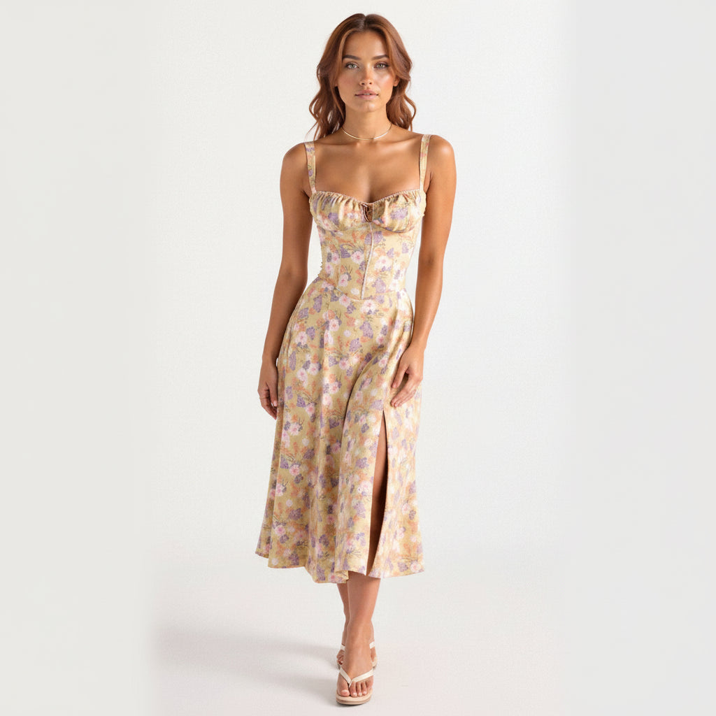 Bustier midi jurk met bloemenprint en split in geel