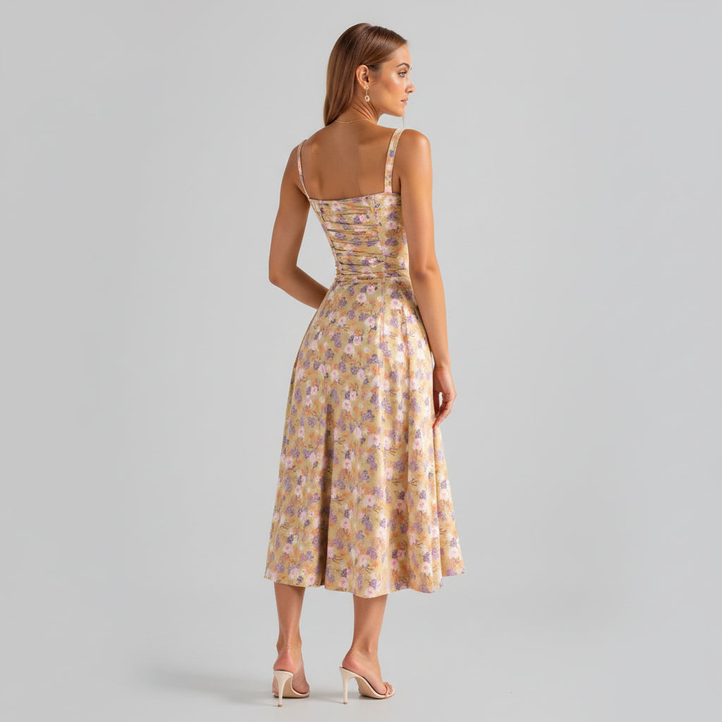 Bustier midi jurk met bloemenprint en split