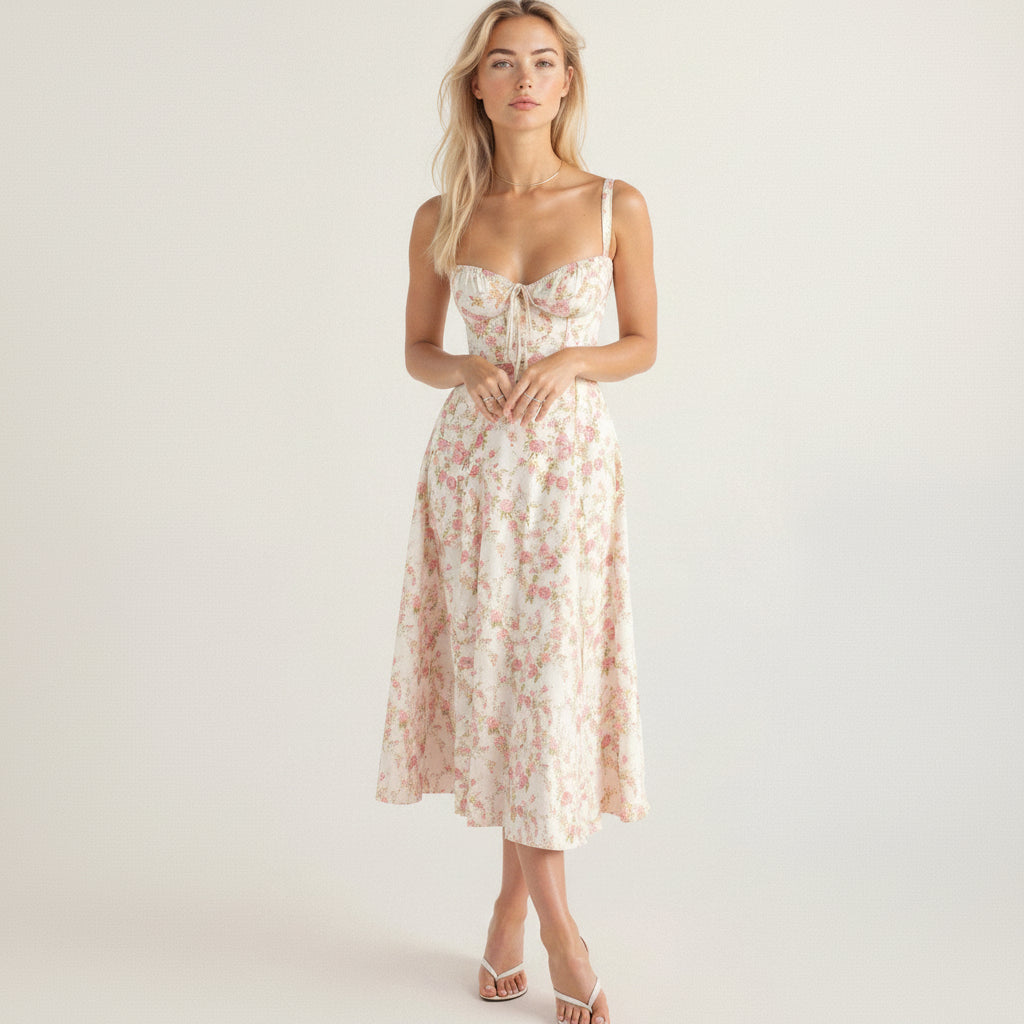 Bustier midi jurk met bloemenprint en split in roze