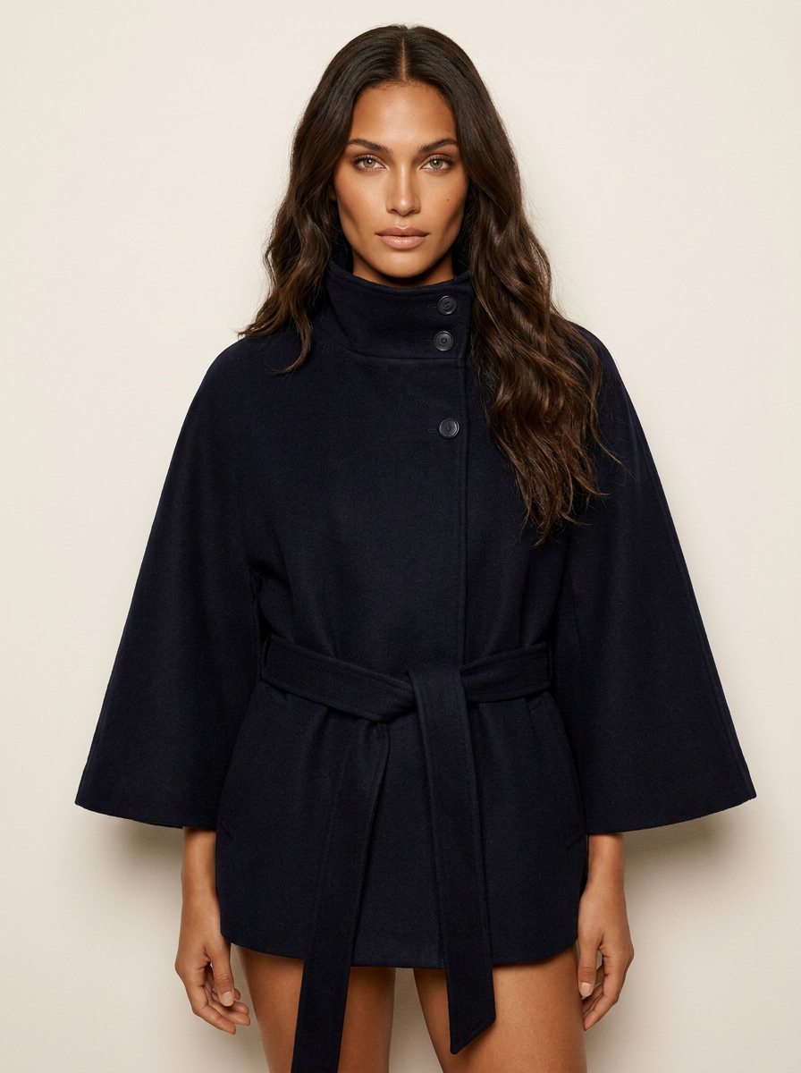 Cape jas met hoge kraag en ceintuur in de taille voor dames in blauw