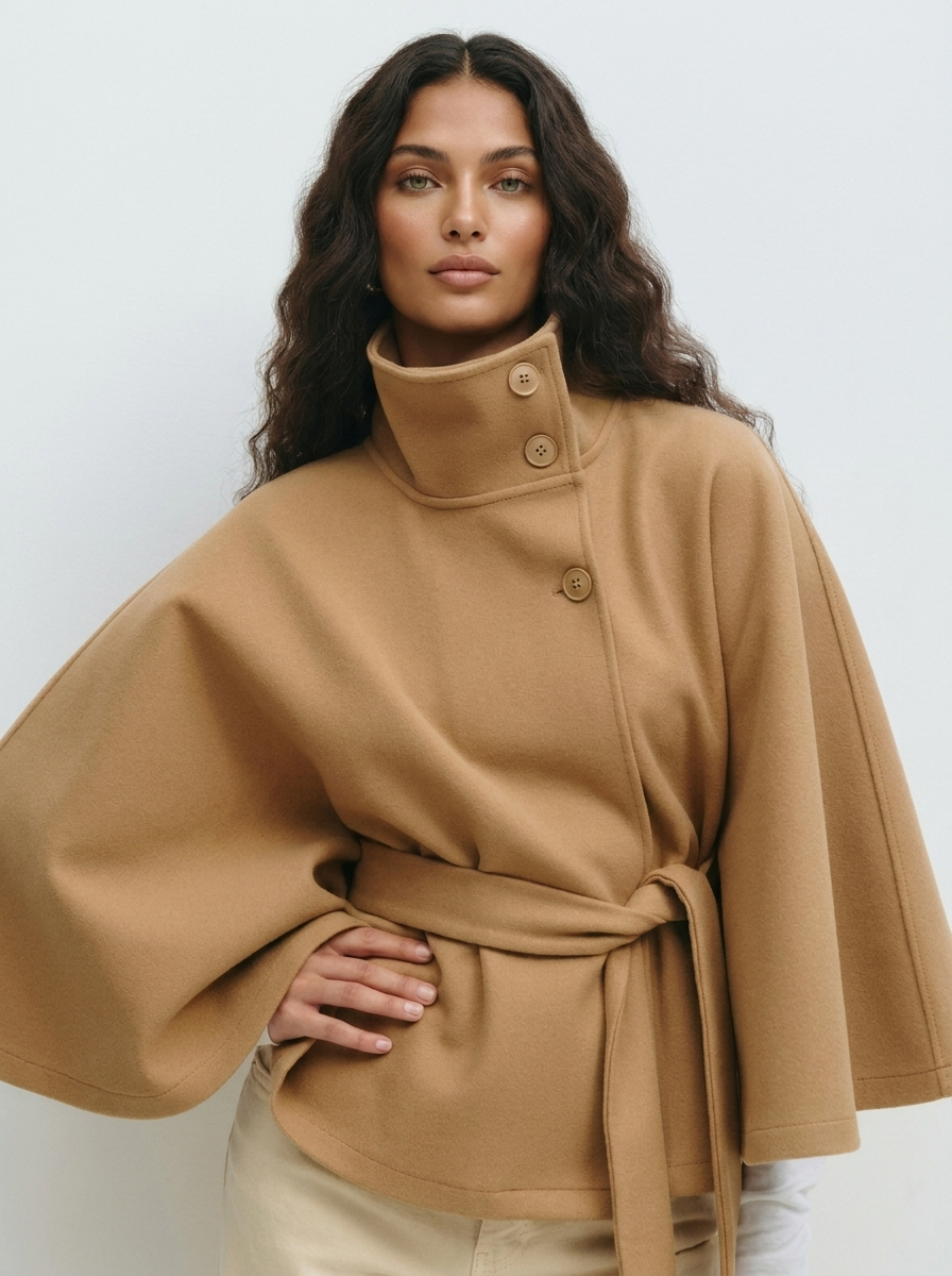 Cape jas met hoge kraag en ceintuur in de taille voor dames in bruin
