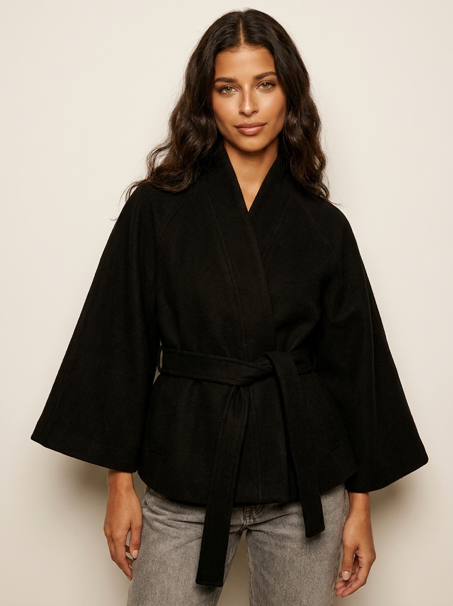 Cape jas met hoge kraag en ceintuur in de taille voor dames in zwart