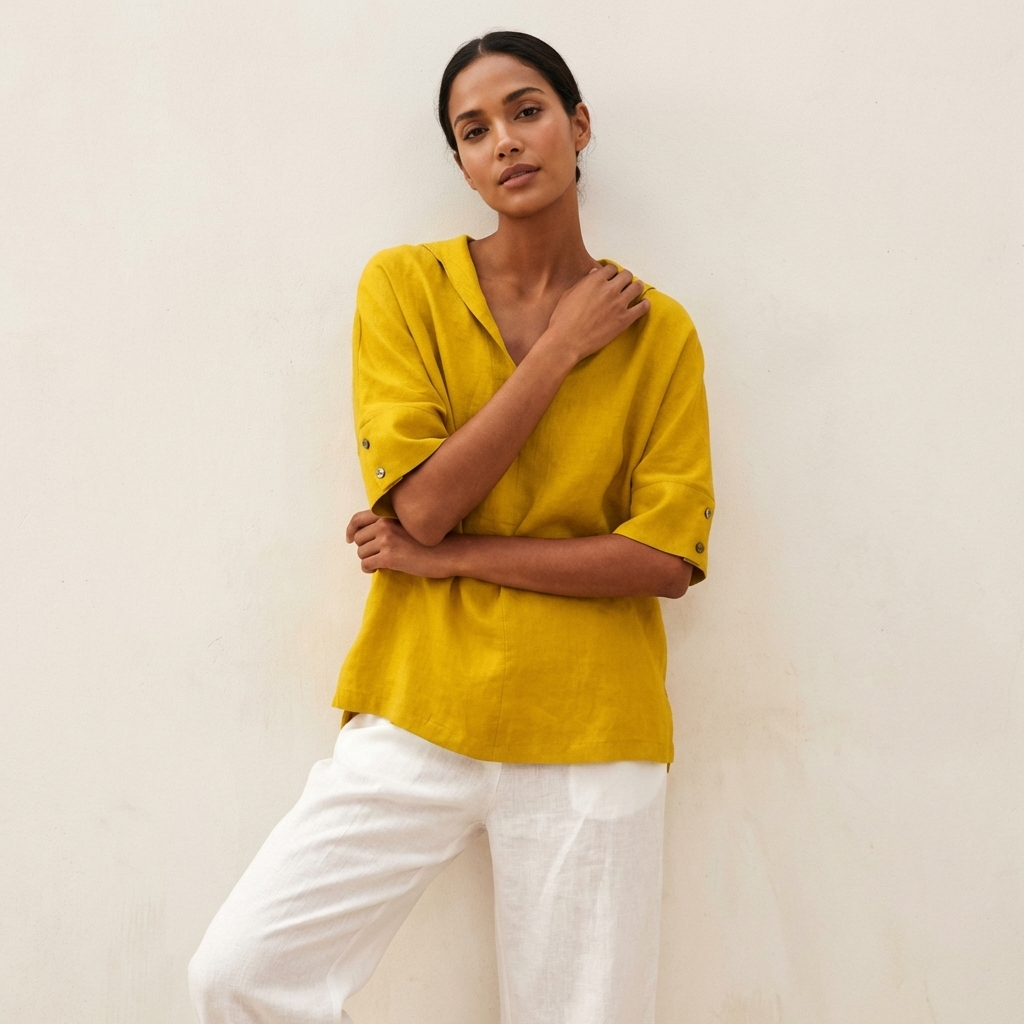 Casual blouse met V-hals en opgerolde mouwen in geel