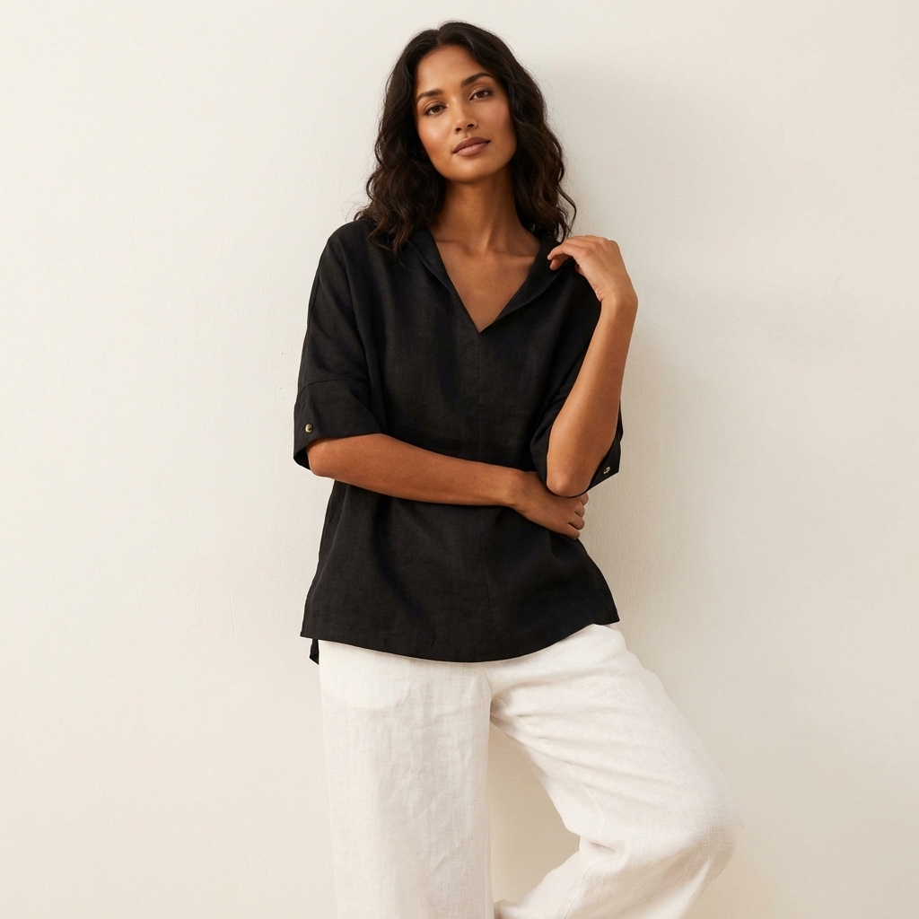 Casual blouse met V-hals en opgerolde mouwen in bruin
