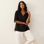 Casual blouse met V-hals en opgerolde mouwen in bruin