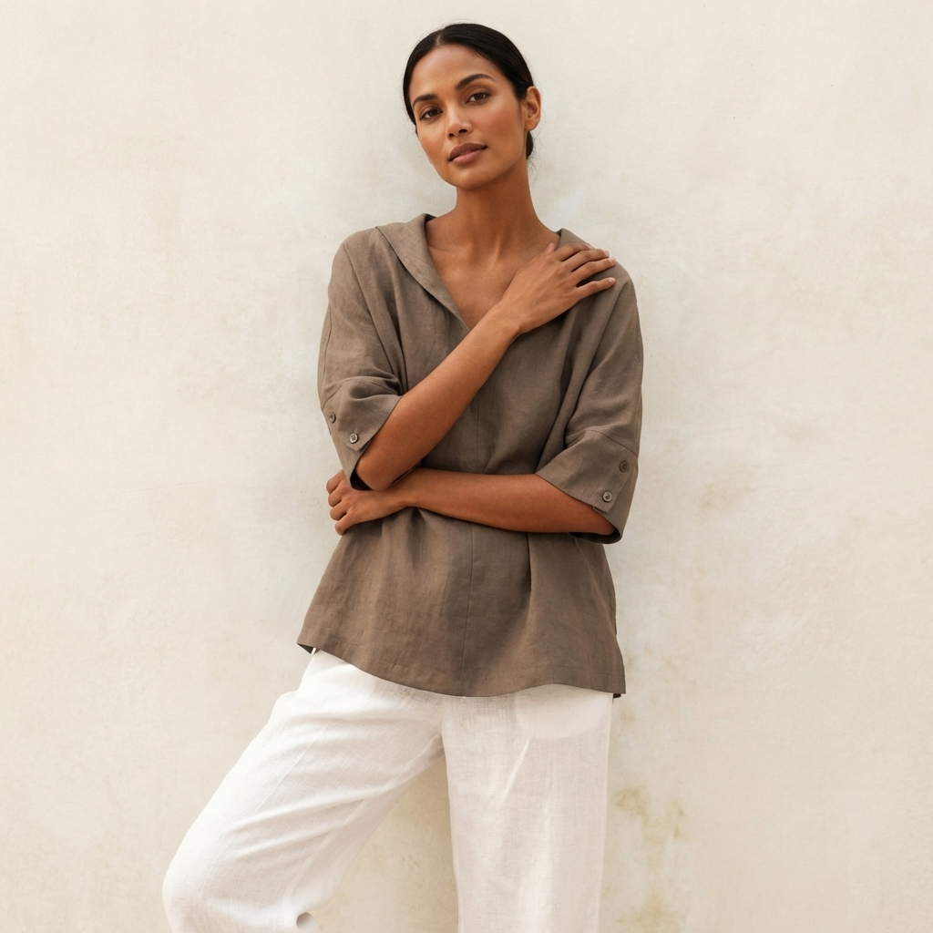 Casual blouse met V-hals en opgerolde mouwen in kaki
