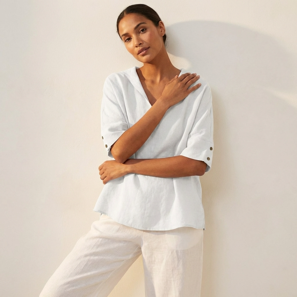 Casual blouse met V-hals en opgerolde mouwen in wit