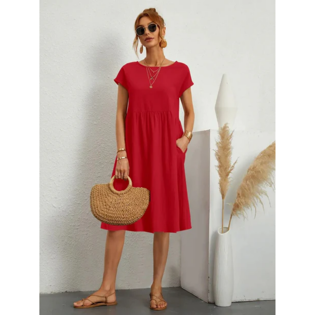 Casual midi-jurk met ronde hals in rood