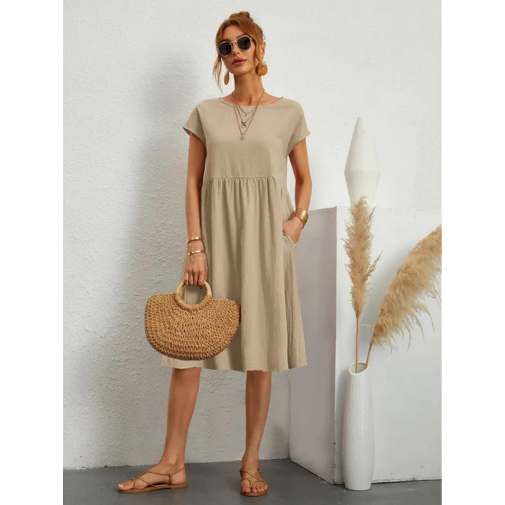 Casual midi-jurk met ronde hals in kaki