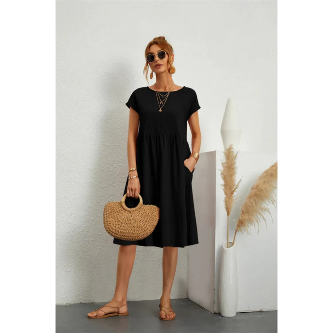 Casual midi-jurk met ronde hals in zwart