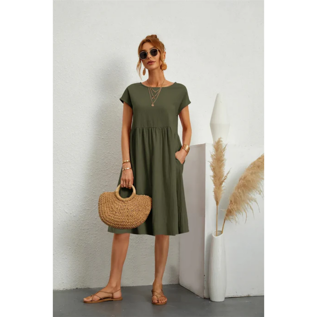 Casual midi-jurk met ronde hals in legergroen