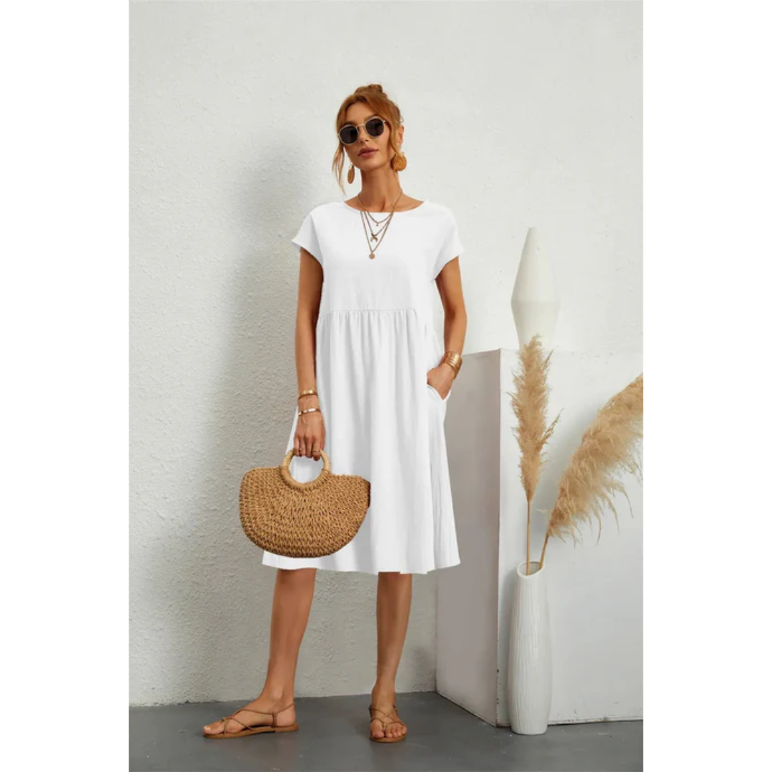 Casual midi-jurk met ronde hals in wit