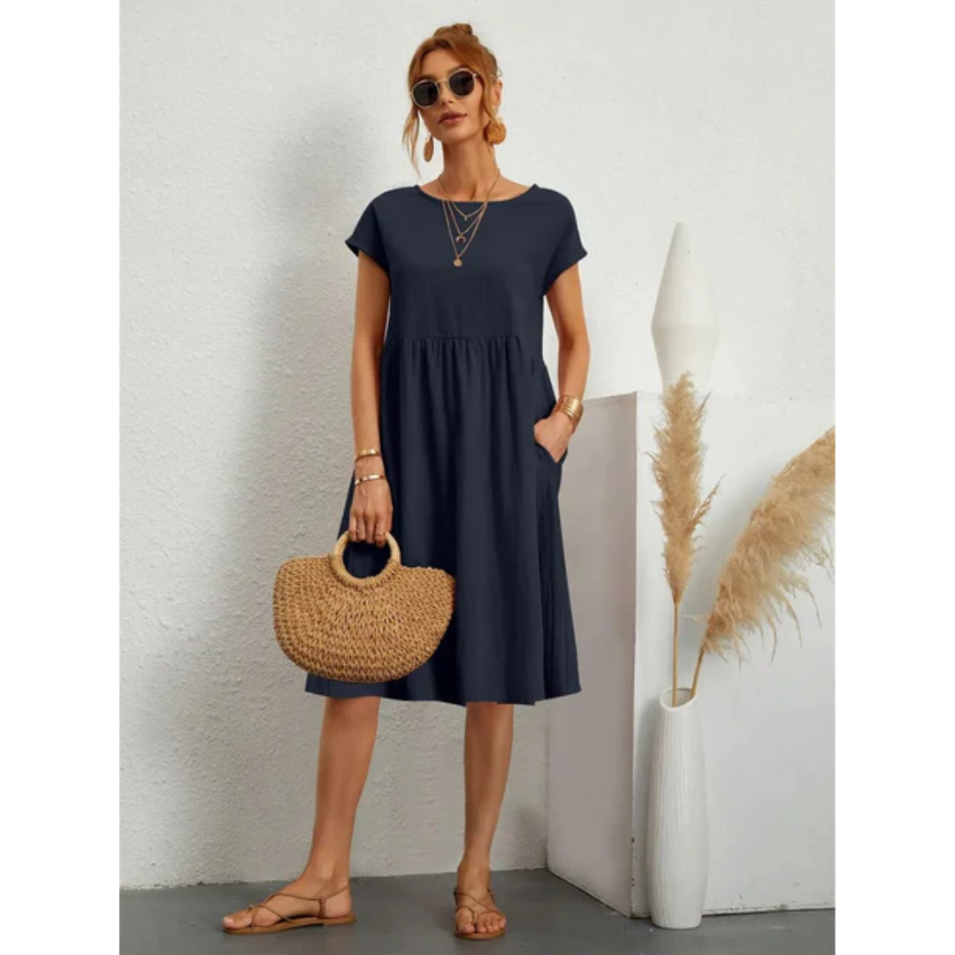 Casual midi-jurk met ronde hals in marineblauw
