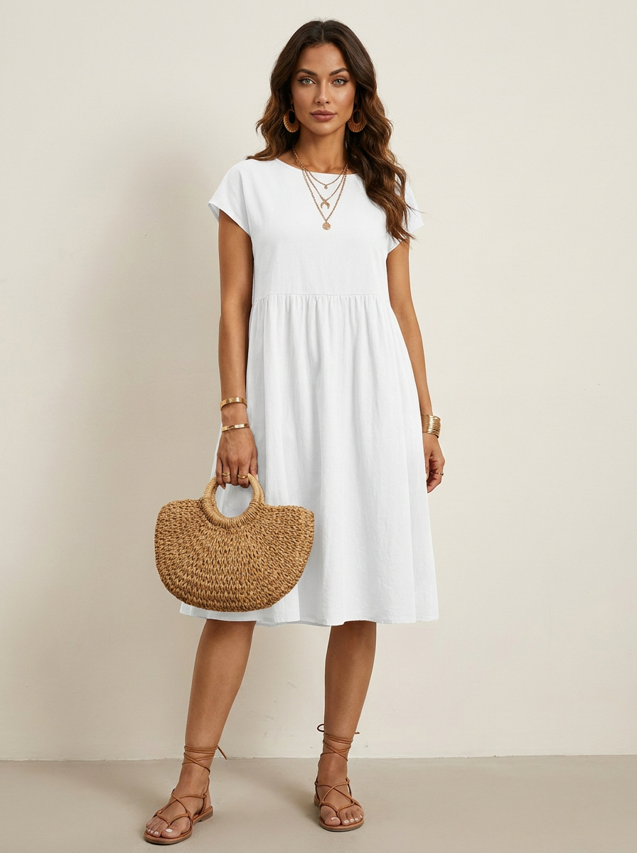 Casual midi jurk met zakken en korte mouwen in wit