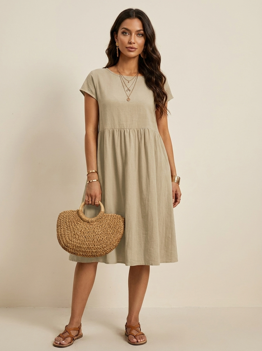 Casual midi jurk met zakken en korte mouwen in beige