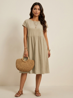 Casual midi jurk met zakken en korte mouwen in beige