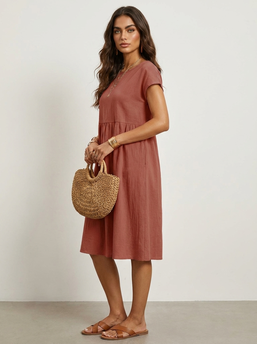 Casual midi jurk met zakken en korte mouwen