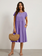 Casual midi jurk met zakken en korte mouwen in paars
