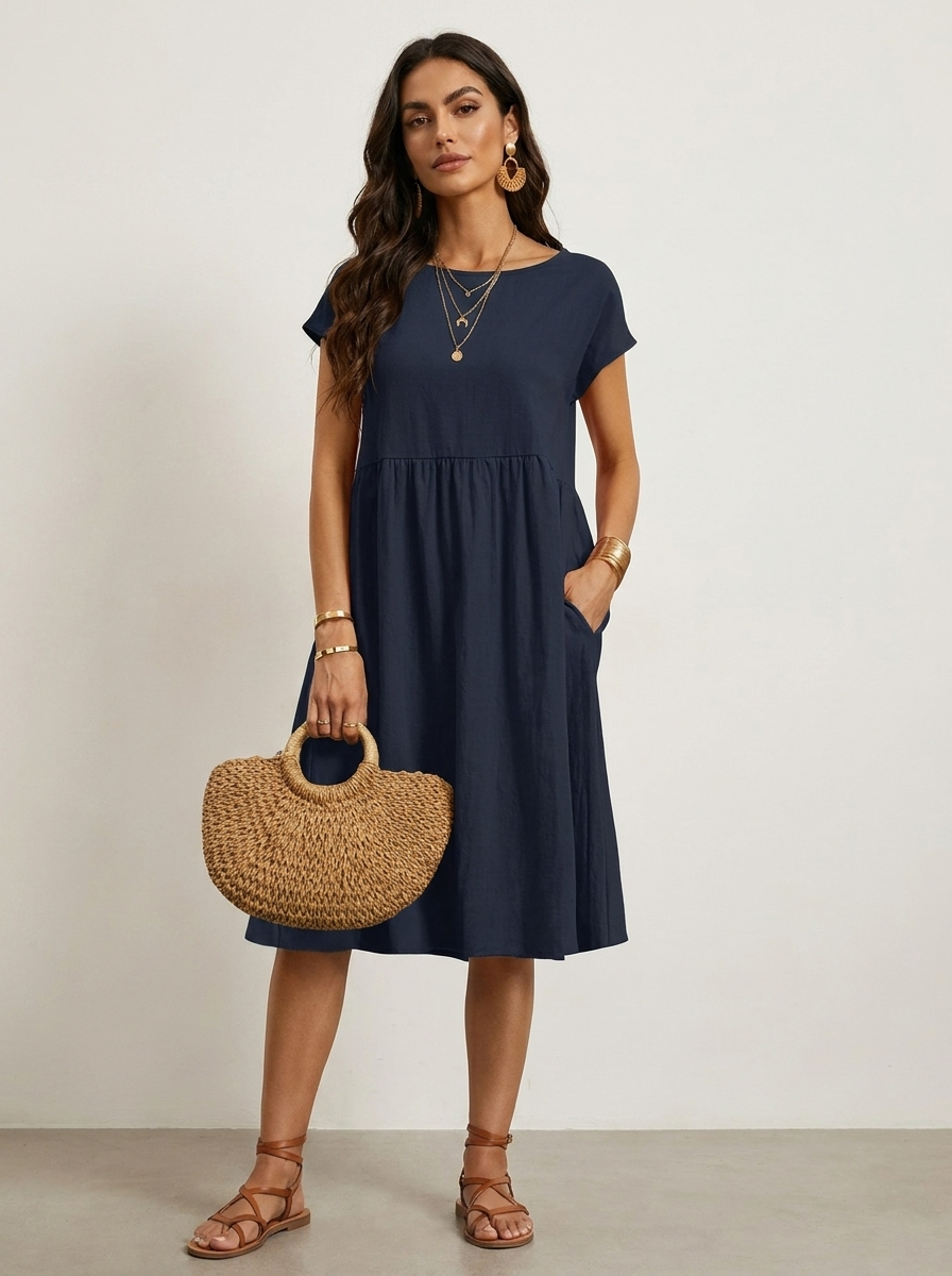 Casual midi jurk met zakken en korte mouwen in donker blauw