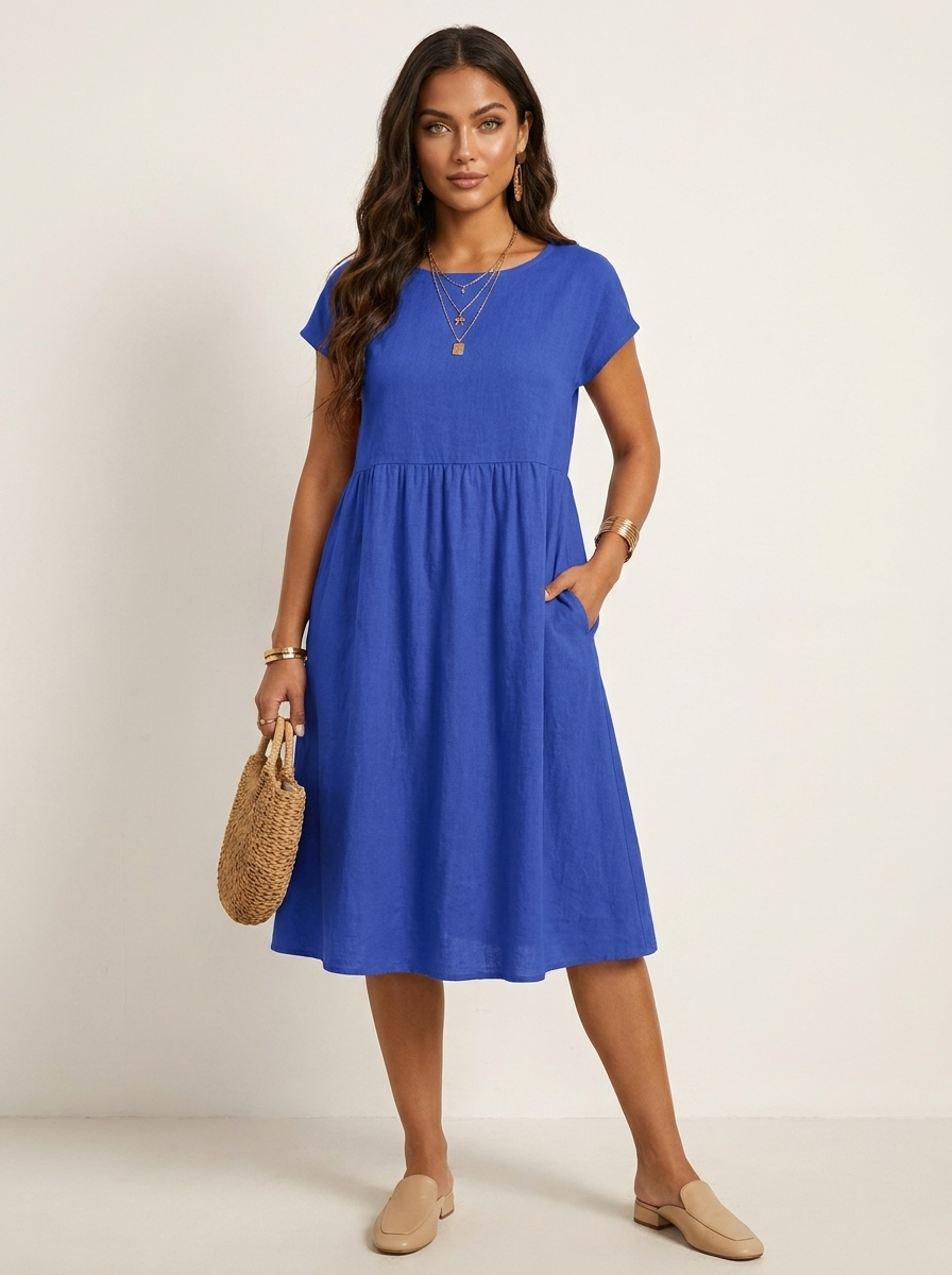 Casual midi jurk met zakken en korte mouwen in blauw