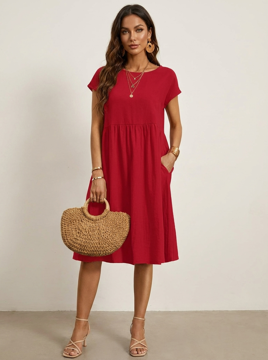 Casual midi jurk met zakken en korte mouwen in rood