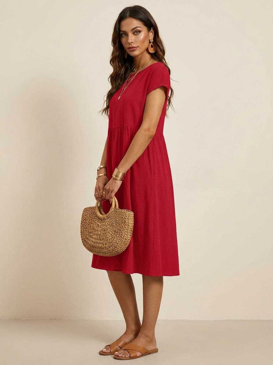 Casual midi jurk met zakken en korte mouwen