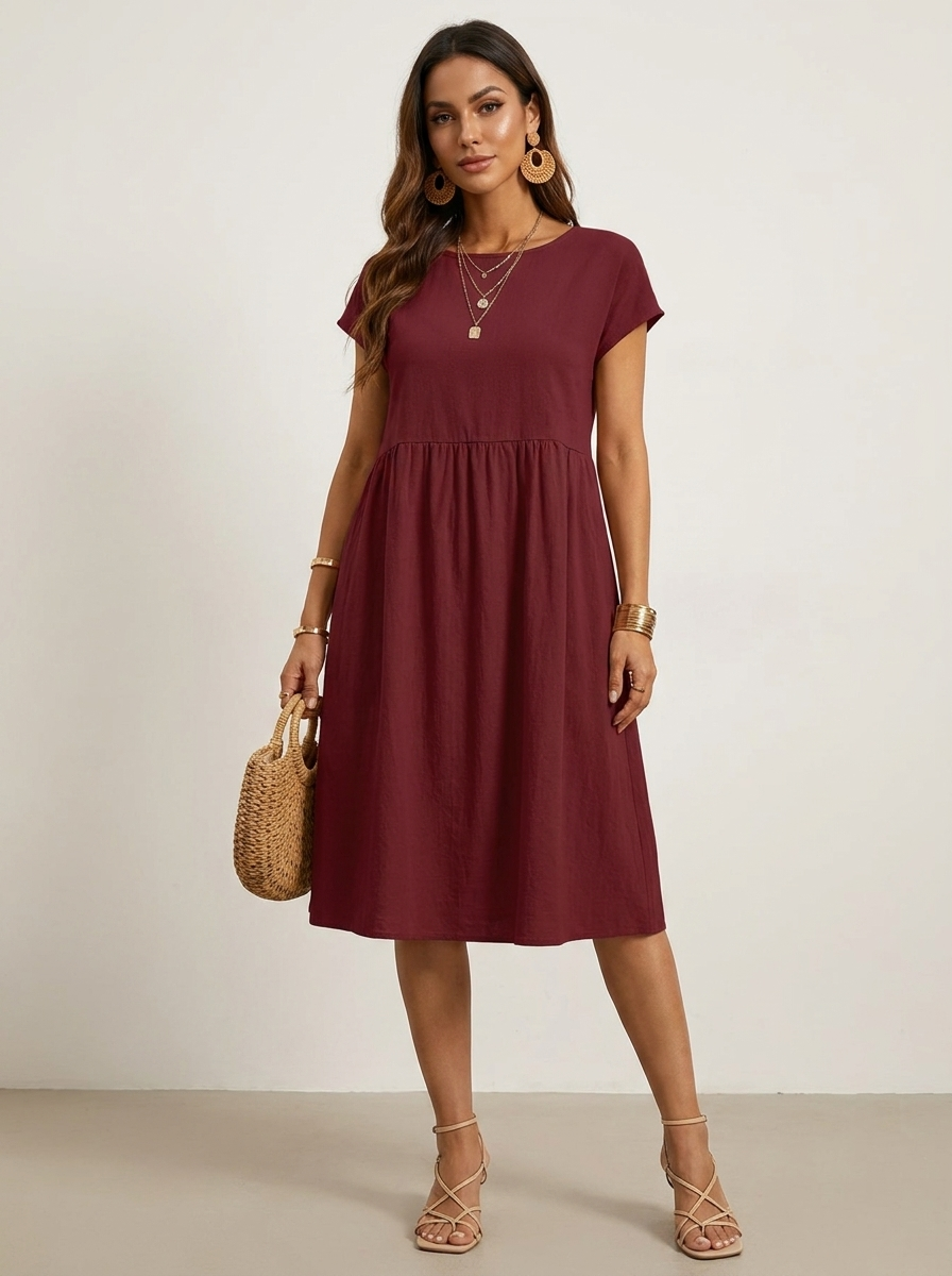 Casual midi jurk met zakken en korte mouwen in bourgondisch rood