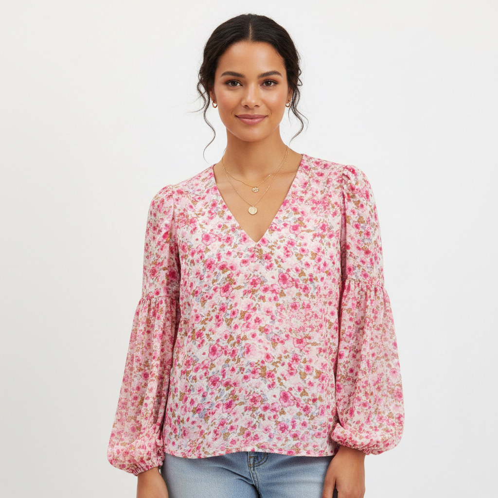 Chiffon blouse met bloemenprint en V-hals voor dames in roze