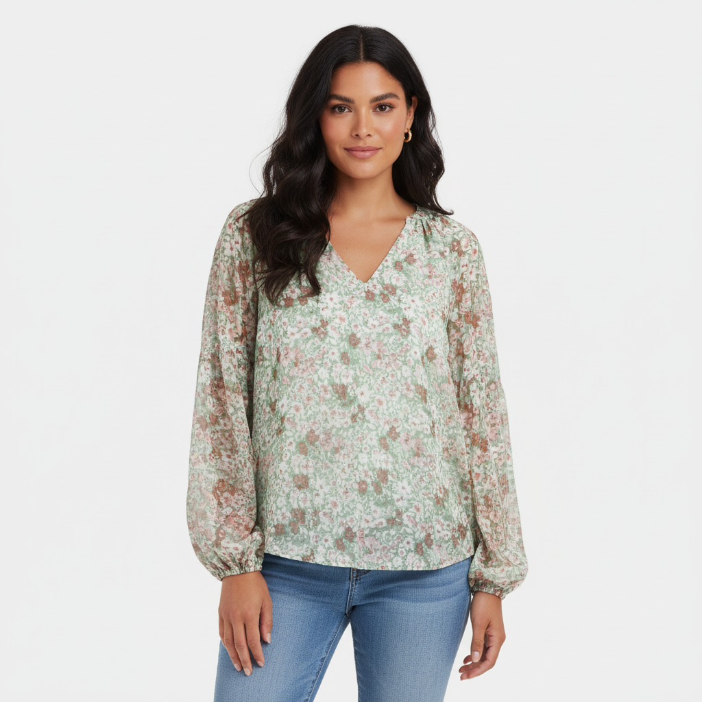 Chiffon blouse met bloemenprint en V-hals voor dames in groen