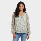 Chiffon blouse met bloemenprint en V-hals voor dames in groen