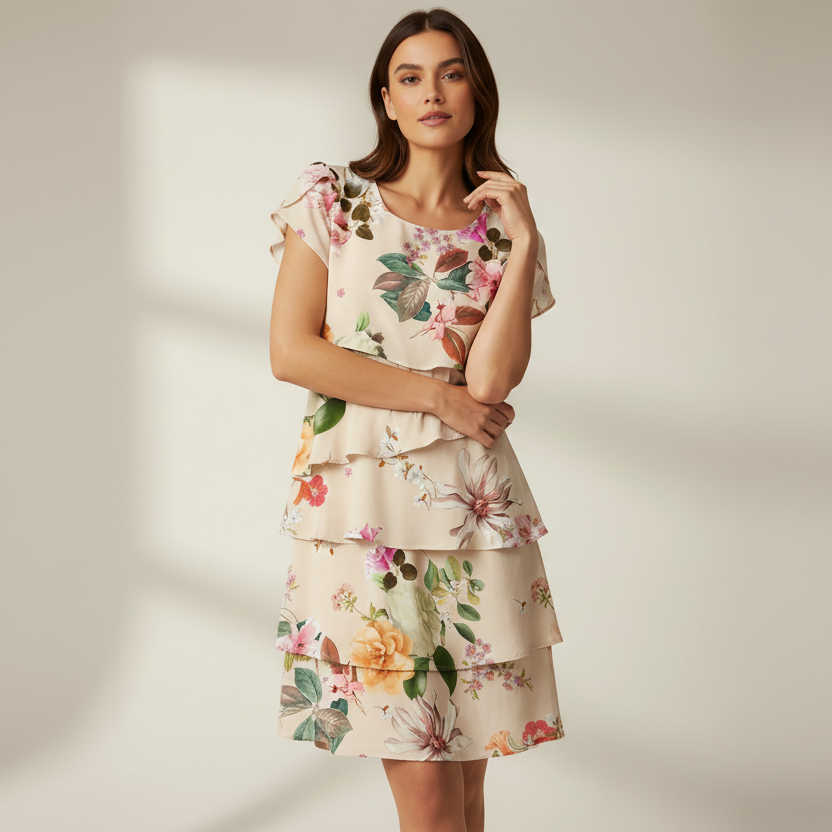 Chiffon jurk met ruches en verfijnde print in beige