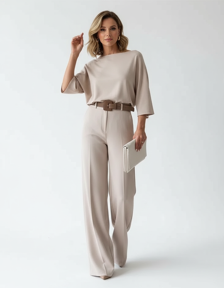 Co-ord set met boothals top en wijde pantalon voor dames in beige