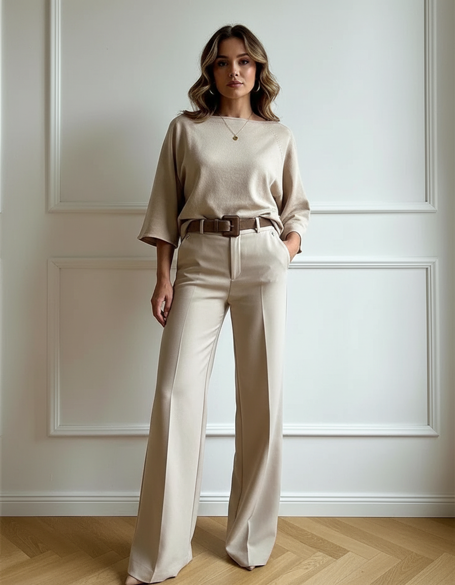 Co-ord set met boothals top en wijde pantalon voor dames in beige