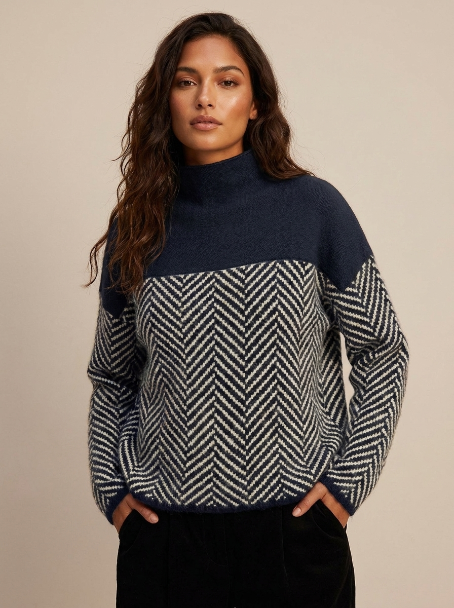 Coltrui met tweekleurig patroon en lange mouwen voor dames in marineblauw