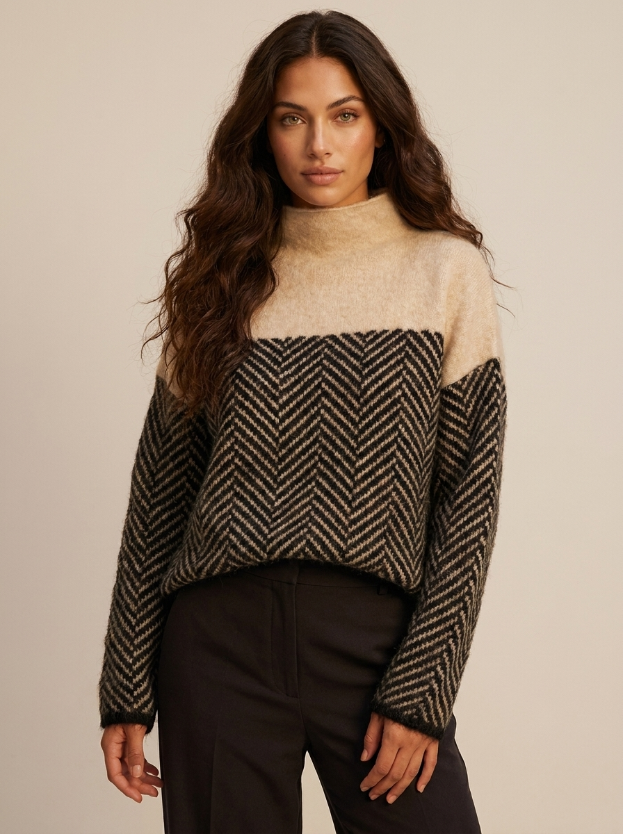 Coltrui met tweekleurig patroon en lange mouwen voor dames in beige