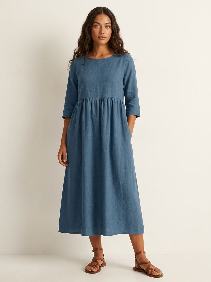 Comfortabele midi jurk met A-lijn en zakken voor dames in blauw