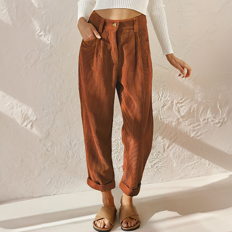 Corduroy broek met hoge taille en rechte pijpen in bruin