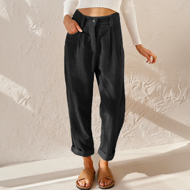 Corduroy broek met hoge taille en rechte pijpen in zwart