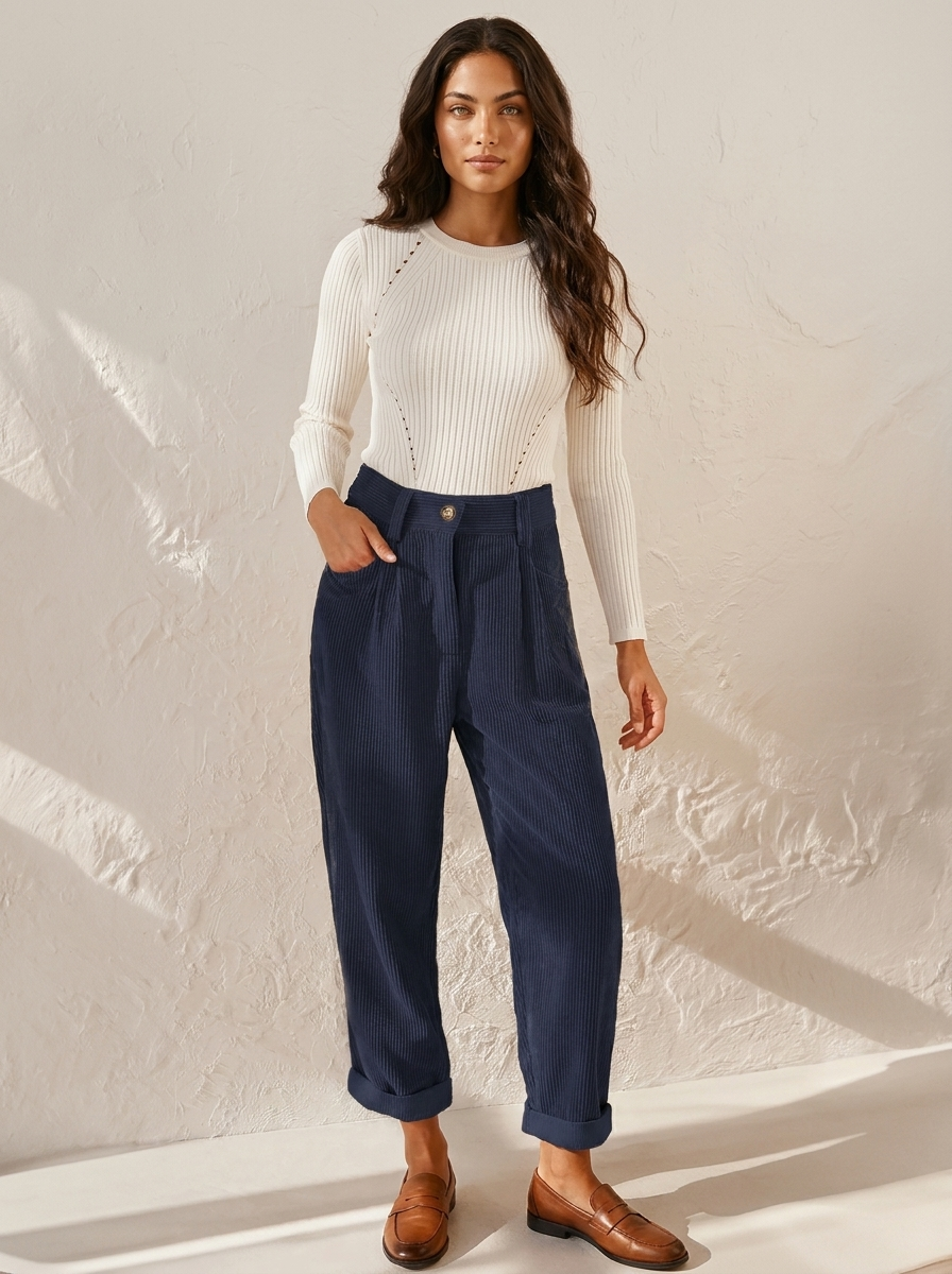 Corduroy broek met hoge taille en rechte pijpen