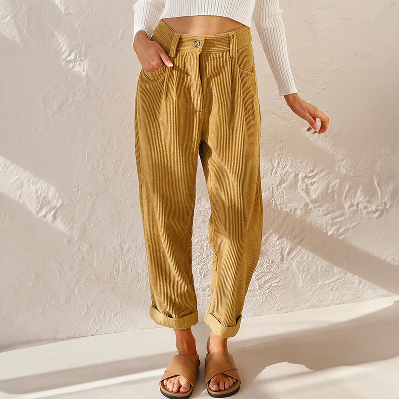 Corduroy broek met hoge taille en rechte pijpen in geel