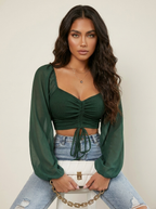 Crop top met pofmouwen en plooidetail voor dames in donkergroen