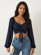 Crop top met pofmouwen en plooidetail voor dames in donkerblauw