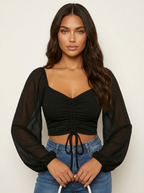 Crop top met pofmouwen en plooidetail voor dames in zwart