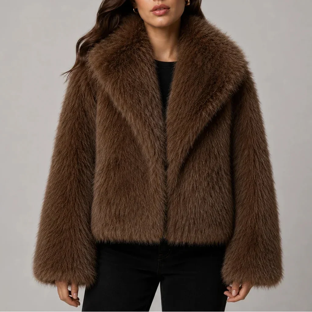 Cropped jasje met imitatiebont en oversized kraag voor dames in bruin