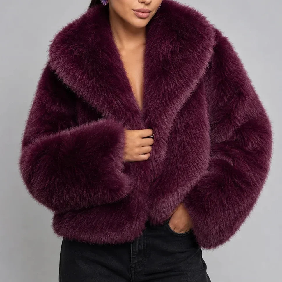 Cropped jasje met imitatiebont en oversized kraag voor dames in paars