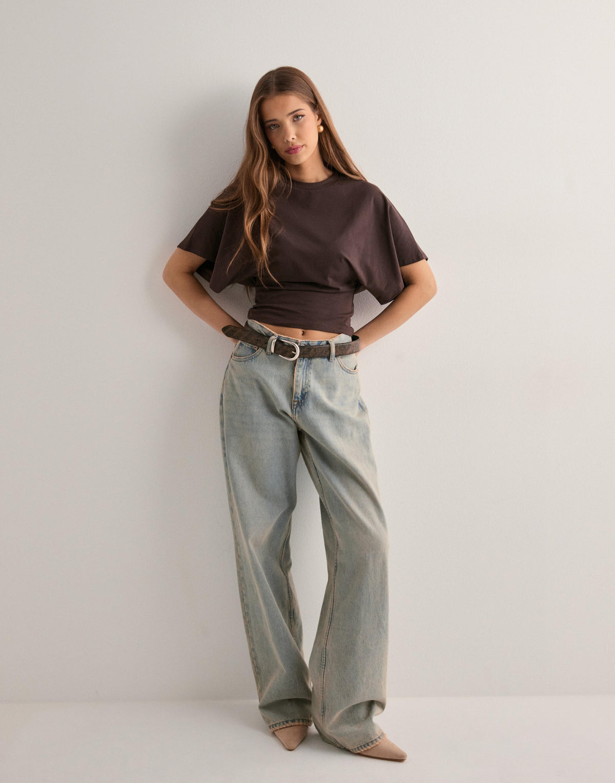 Cropped top met ronde hals en soepele mouwen