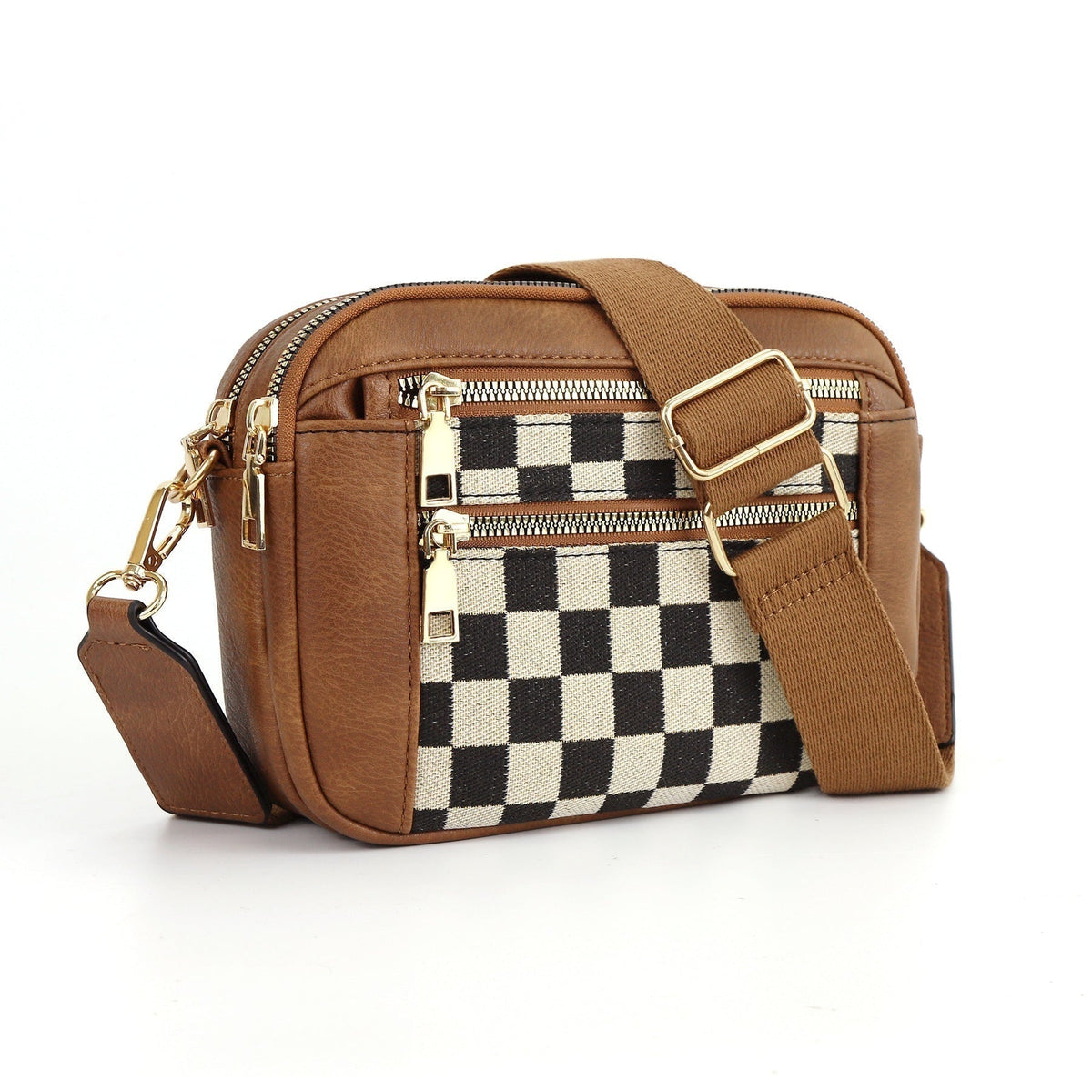 Crossbodytas met decoratieve schouderband voor dames in bruin geblokt