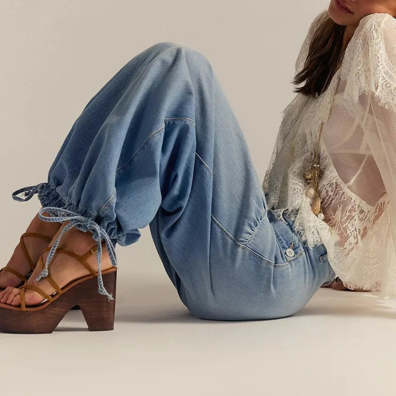 Denim harem jogger met elastische boorden voor dames