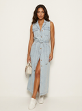 Denim midi jurk met ceintuur en knopen voor dames in lichtblauw