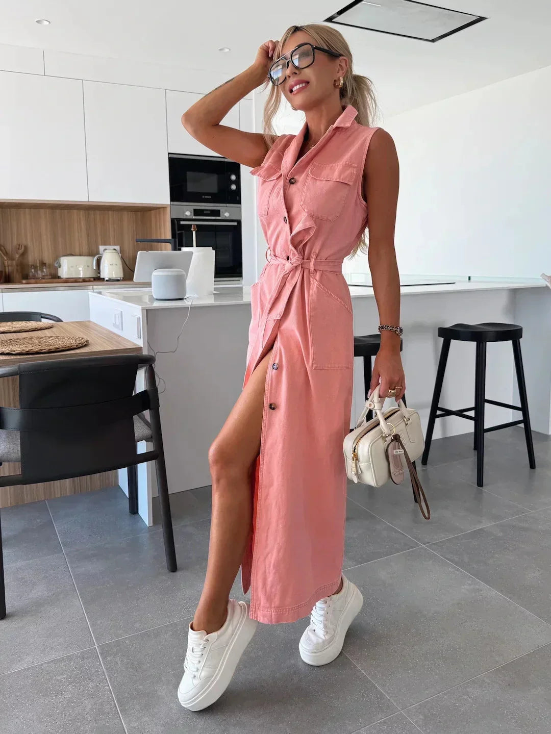 Denim midi jurk met ceintuur en knopen voor dames